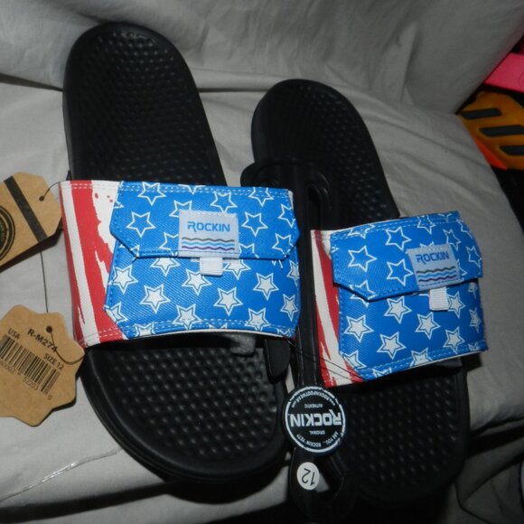 ROCKIN FOOTWEAR SANDALS PATRIOTIC FLAG USA MENS POCKET SLIDES 💥🆕NWT! - Picture 5 of 16